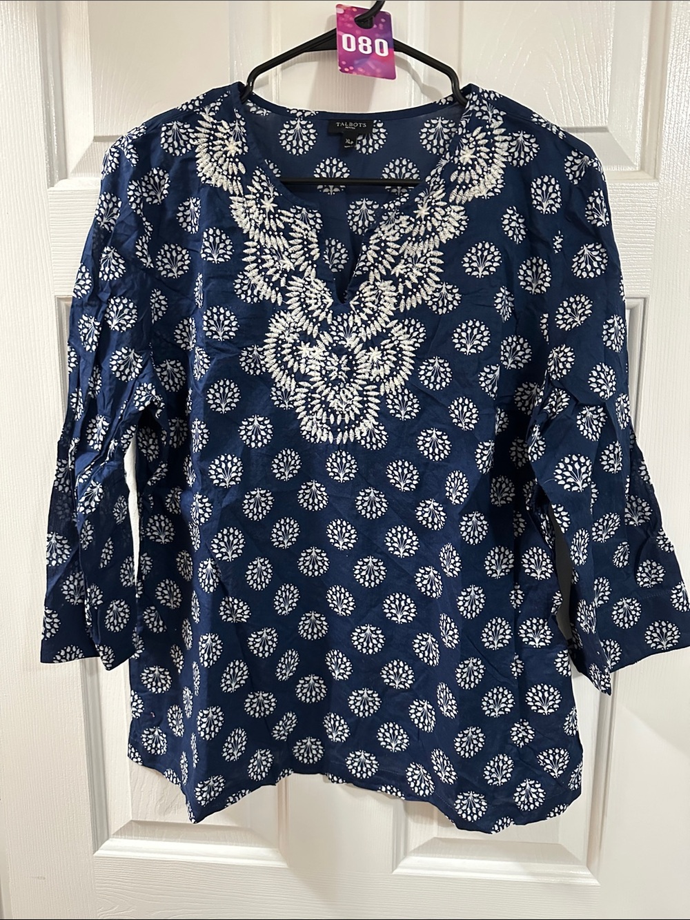 Talbots Navy and White Embroidered V-Neck Tunic
